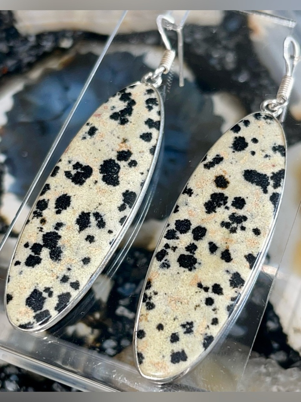 Large Dalmatian Jasper Crystal Earrings 3”